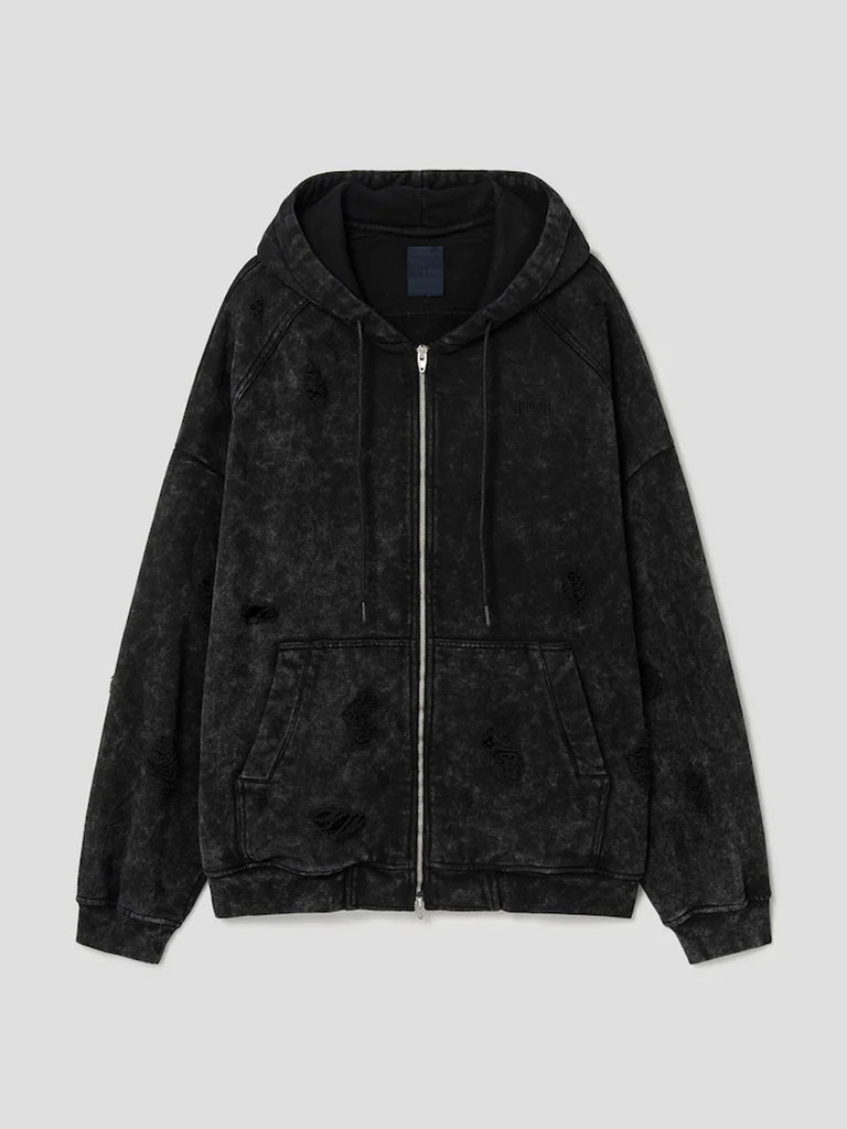 Juun.J Garment Dyed Distressed Zip Up Hoodie