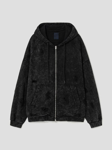 Juun.J Garment Dyed Distressed Zip Up Hoodie